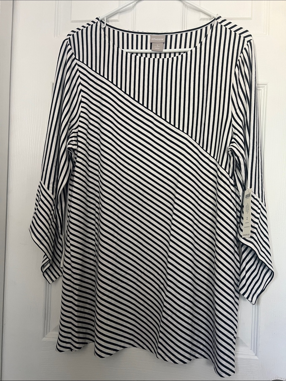 Chico's Black & White Diagonal Striped Long-Sleeve Tunic